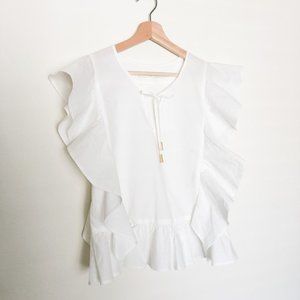 Marie Oliver White Ruffle Blouse with Gold Tassel